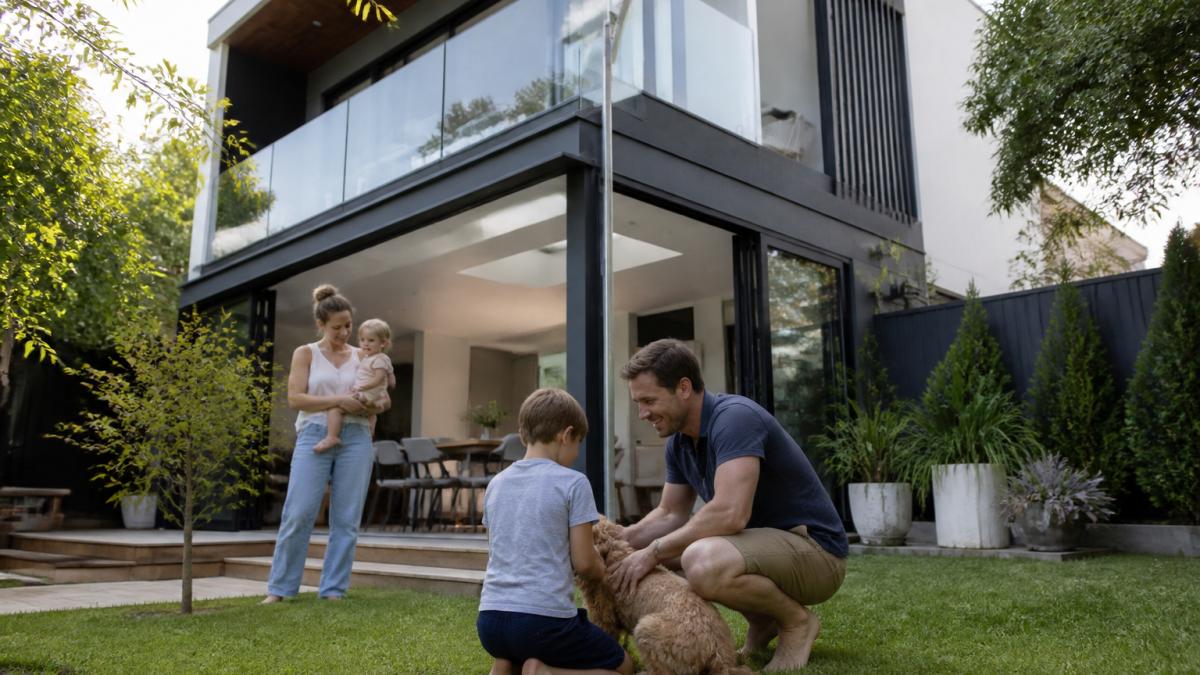 A contemporary double-storey home extension with a second-level balcony, large glass windows and a landscaped garden, photographed in soft afternoon light