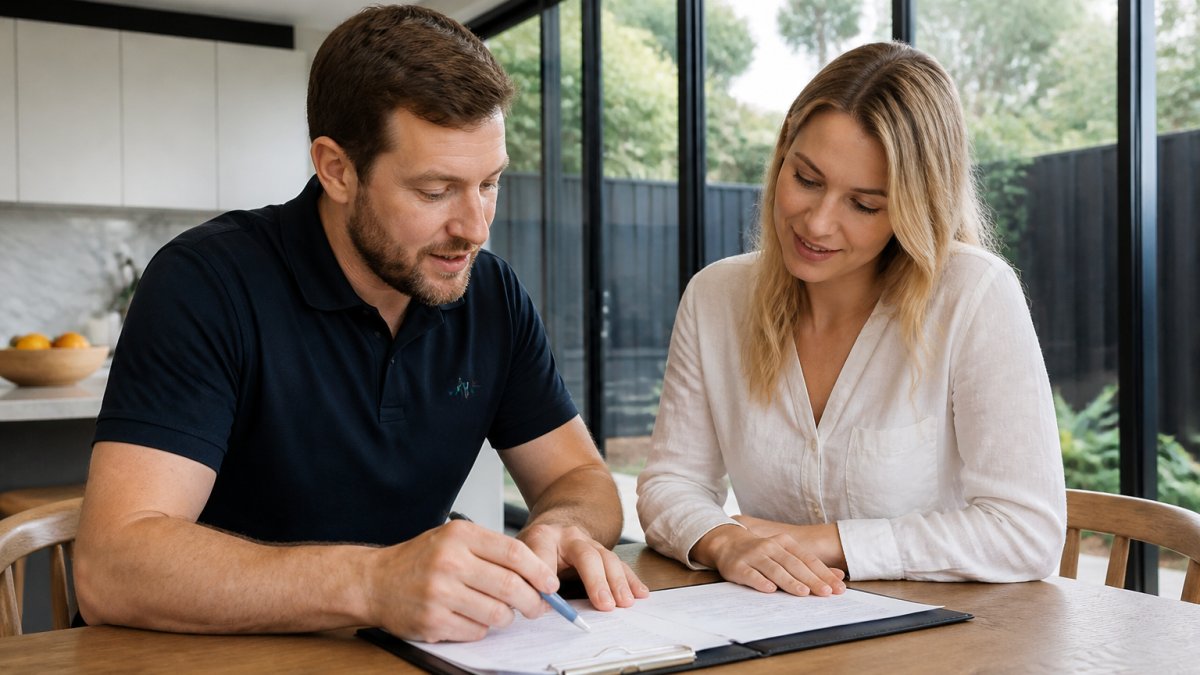 A builder and homeowner sitting at a kitchen table reviewing a contract document with a pen and clipboard, natural light from a window, calm and collaborative atmosphere