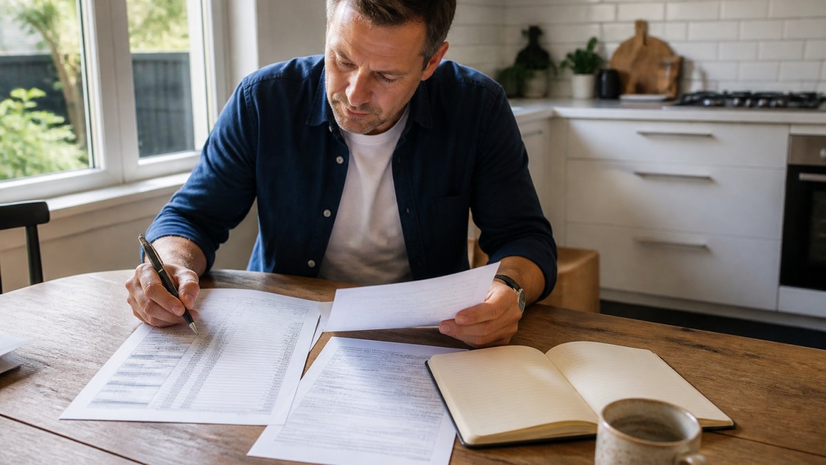 Homeowner reviewing detailed renovation budget spreadsheet and contract documents at kitchen table with pen and notebook, natural daylight from nearby window