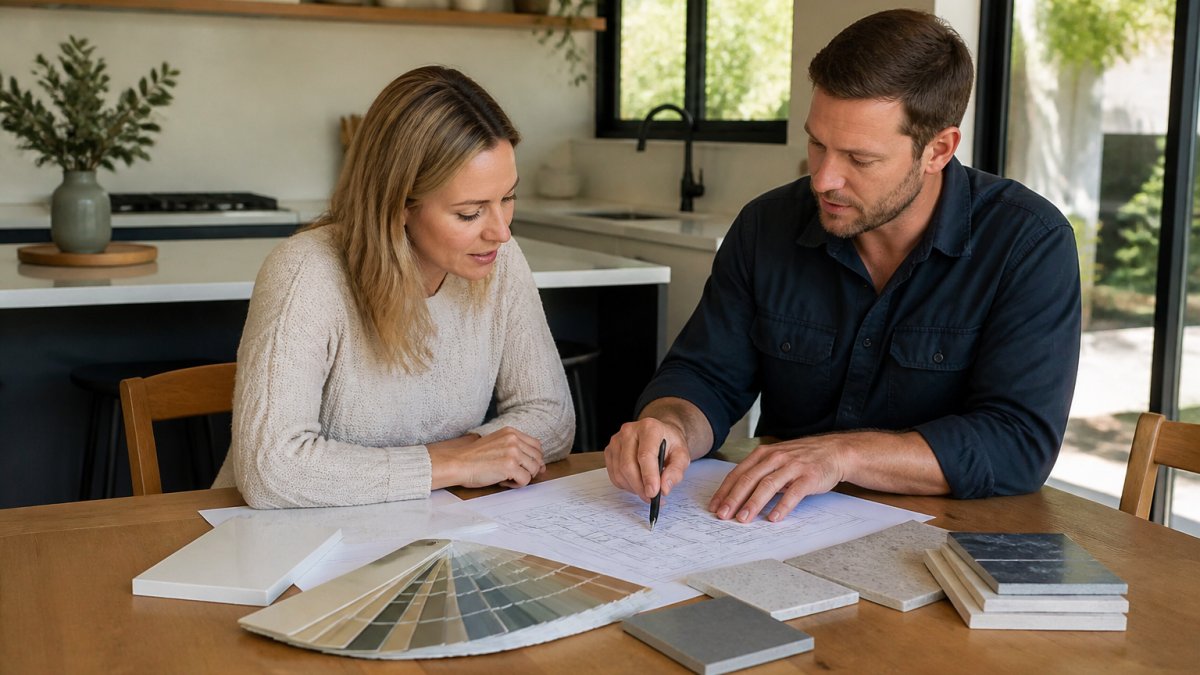 Homeowner sitting at kitchen table with builder, reviewing sketches and colour samples with natural light streaming through windows, casual professional atmosphere
