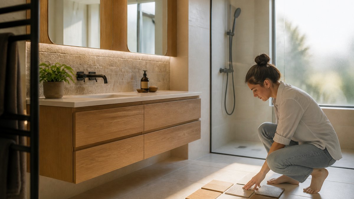 A bright modern bathroom with a floating timber vanity, natural stone splashback, matte black tapware and a large walk-in shower with soft daylight coming through a frosted window