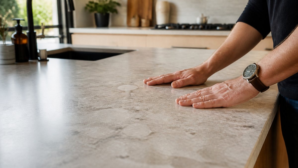 Close-up of a contemporary kitchen benchtop showing texture and finish, with hands touching the surface to demonstrate material quality and durability in natural kitchen lighting
