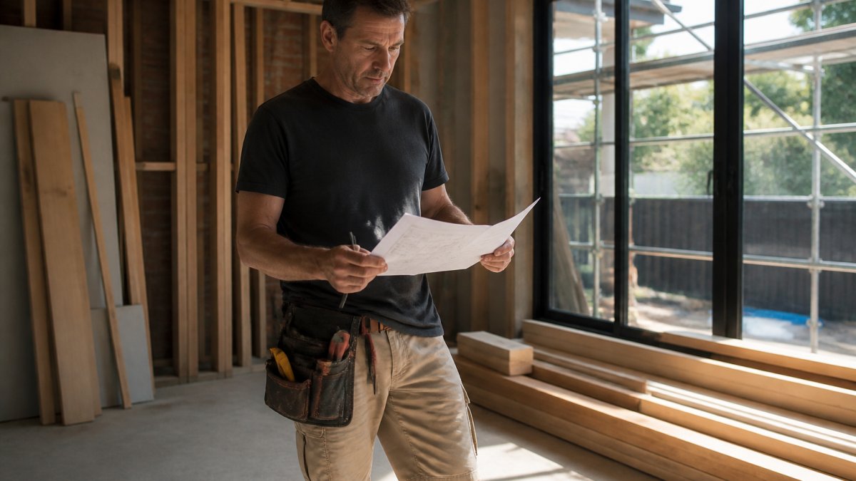Homeowner reviewing printed house plans and specifications at a desk with a pen, taking notes, natural daylight from a window
