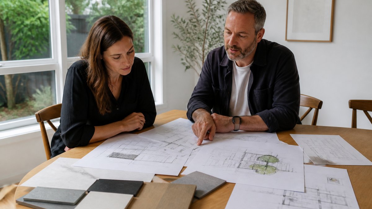 Architect and homeowner reviewing extension plans and site sketches at a timber dining table with natural light from windows, printed floor plans and material samples visible